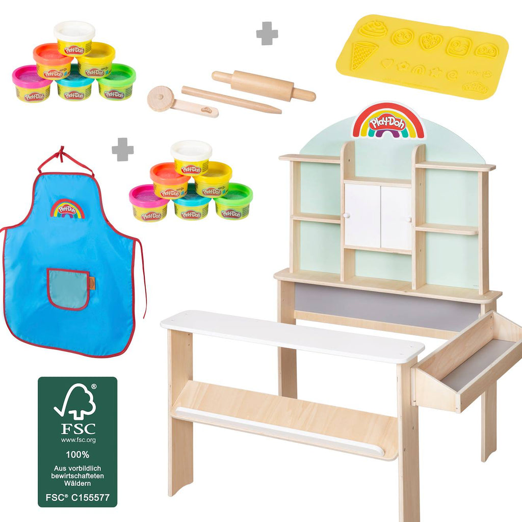 Marchande en bois + 12 pots de pâte à modeler x play-doh + tablier et accessoires vert menthe - naturel