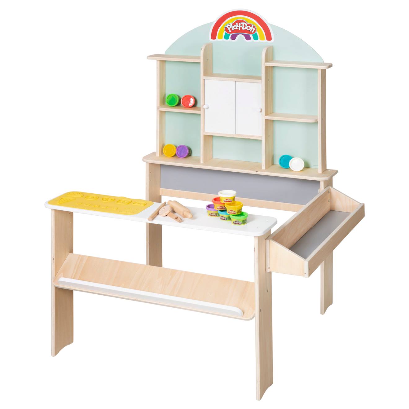 Marchande en bois + 12 pots de pâte à modeler x play-doh + tablier et accessoires vert menthe - naturel