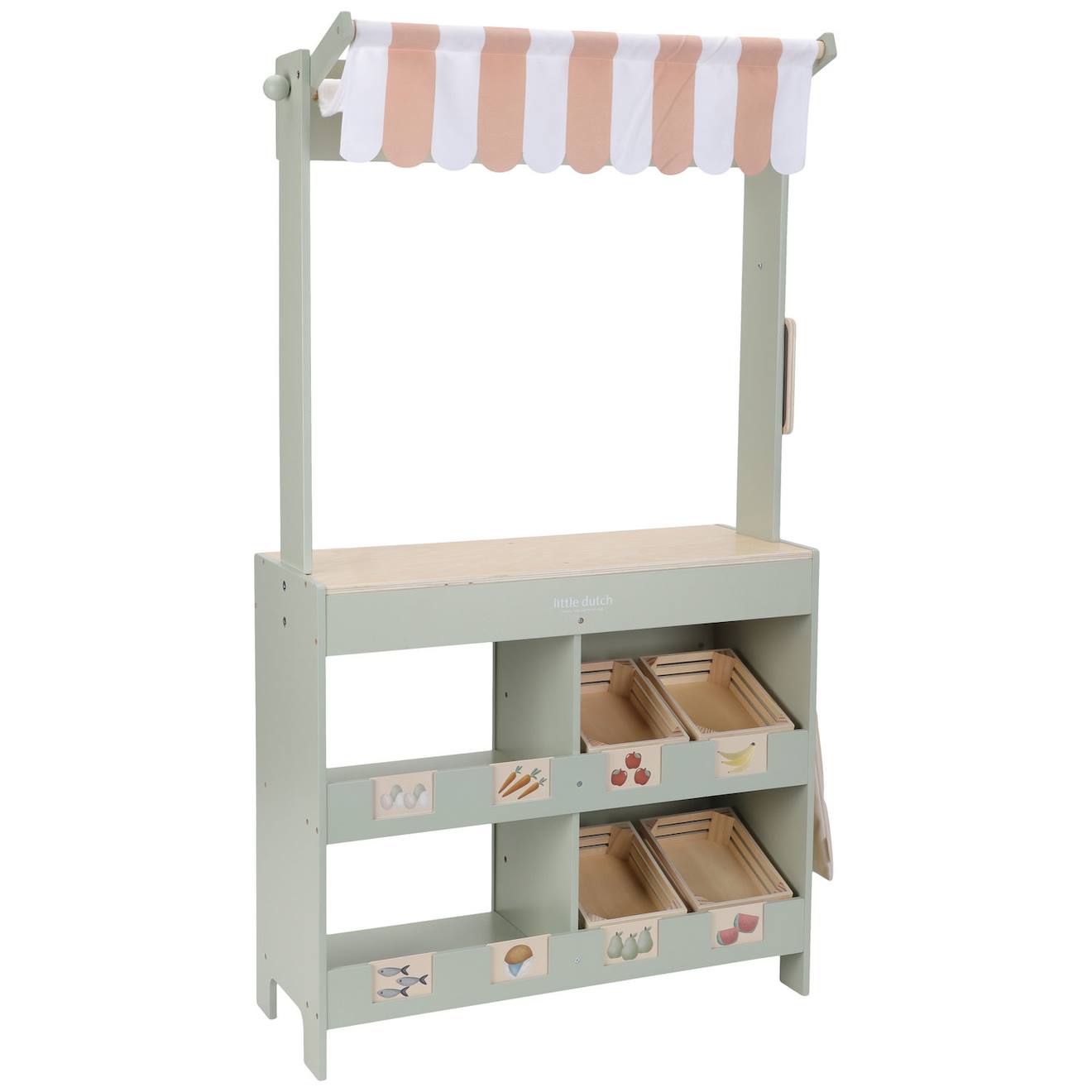 Marchande en bois FSC et tissu vert, rose, prange