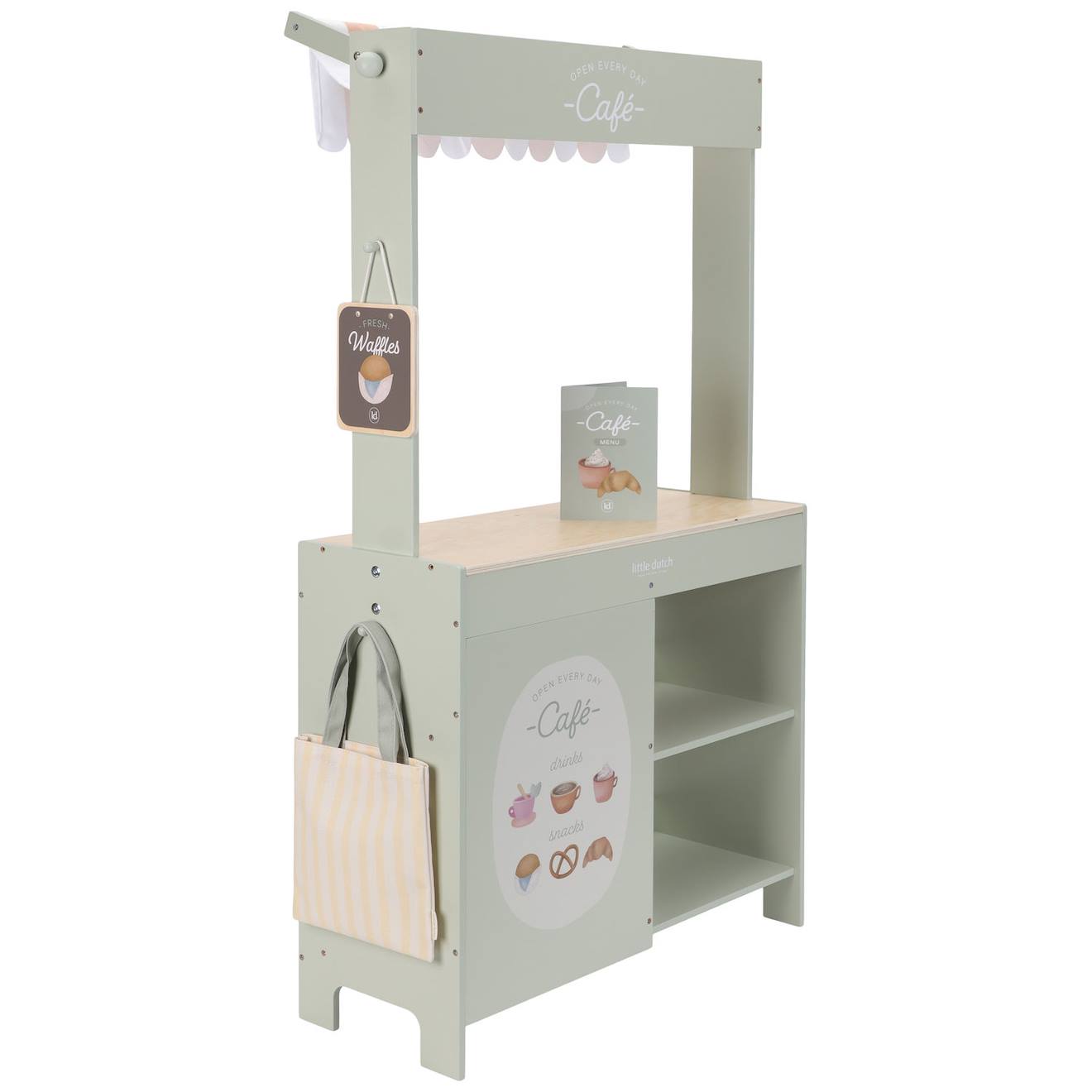 Marchande en bois FSC et tissu vert, rose, prange