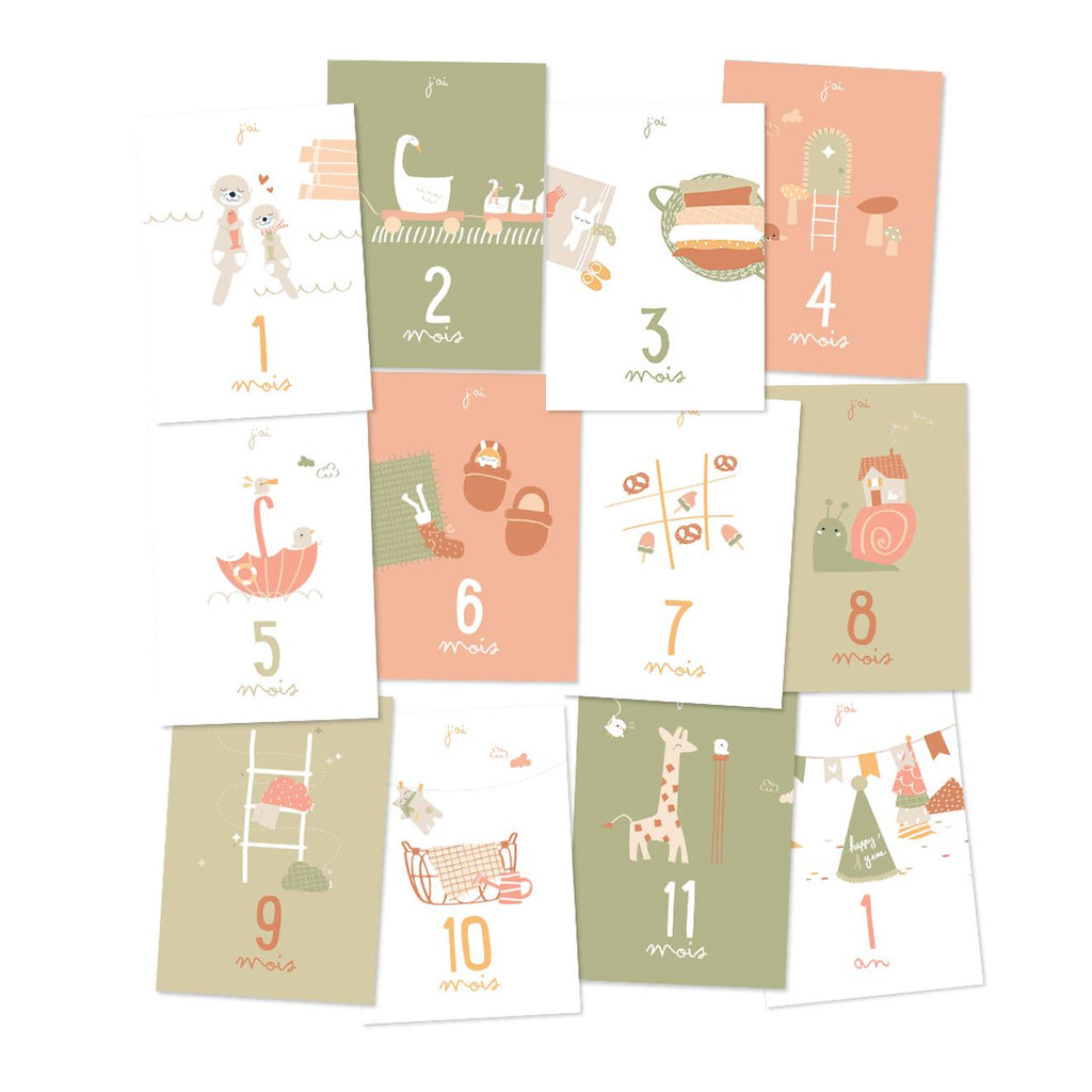 Mes premiers mois - cartes souvenirs vert et rose, instants magique