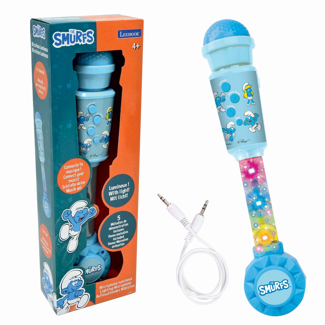 Microphone schtroumpfs avec tube lumineux et enceinte multicolore