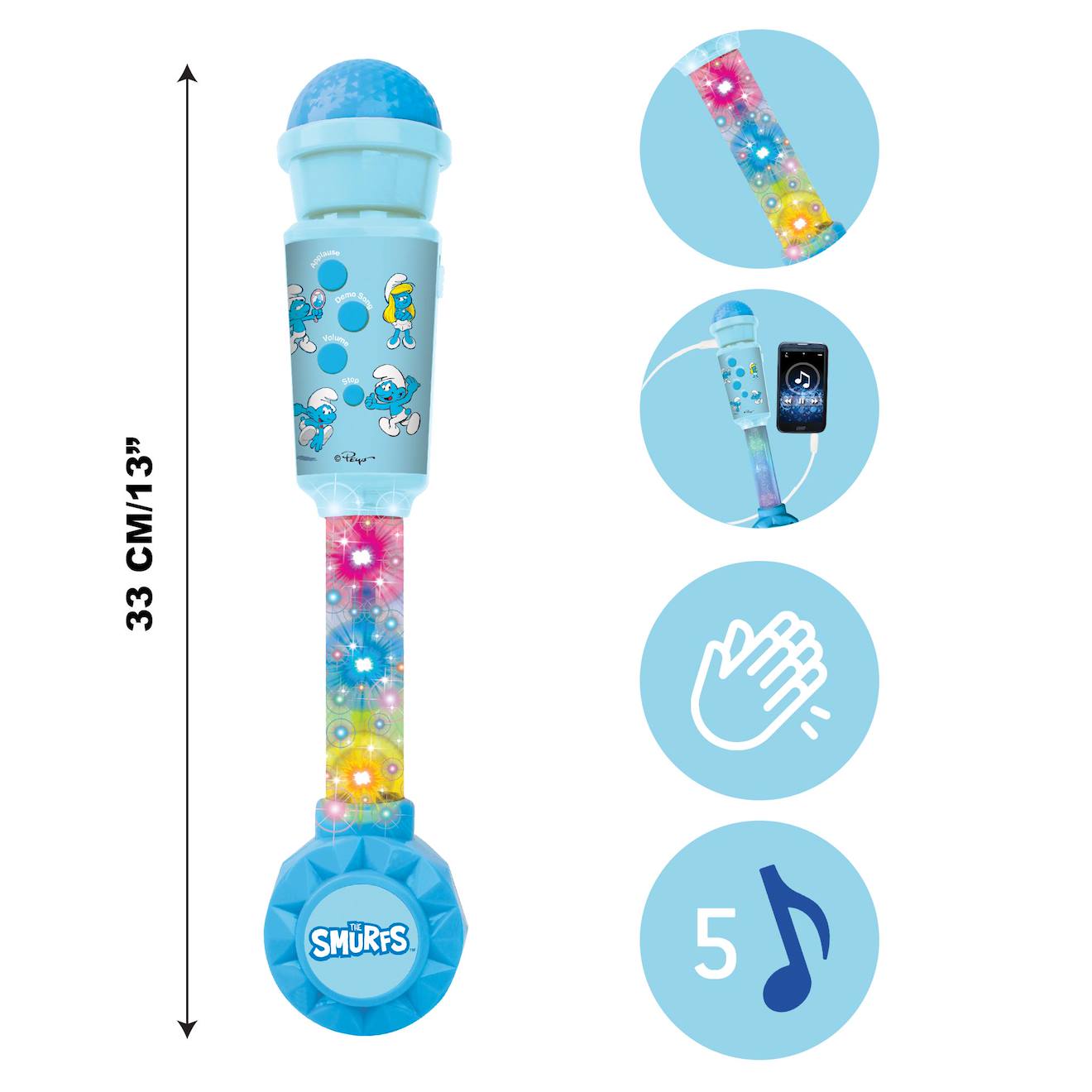 Microphone schtroumpfs avec tube lumineux et enceinte multicolore