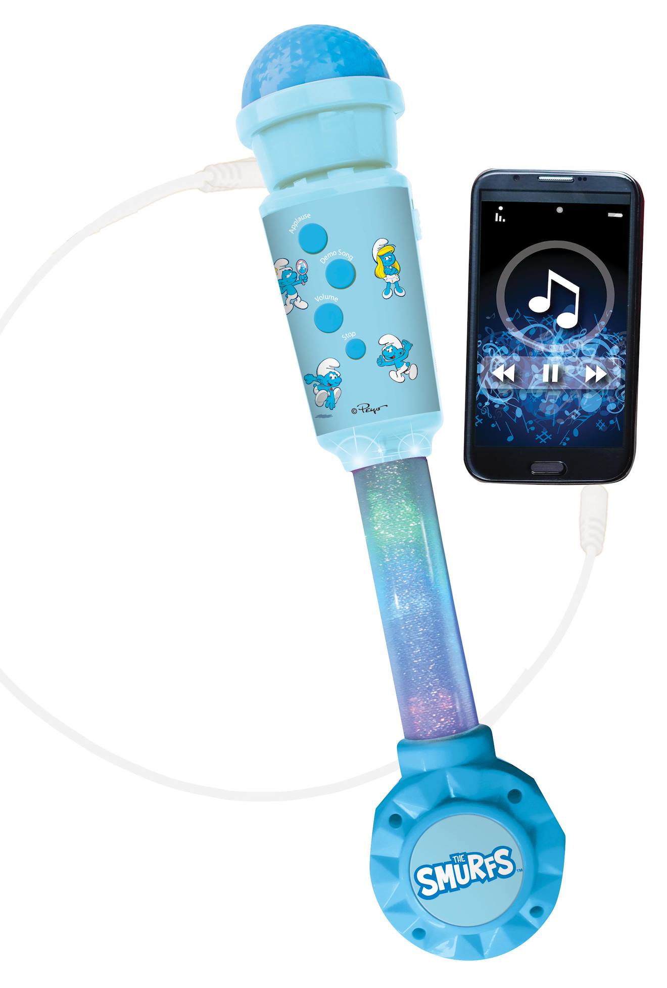Microphone schtroumpfs avec tube lumineux et enceinte multicolore