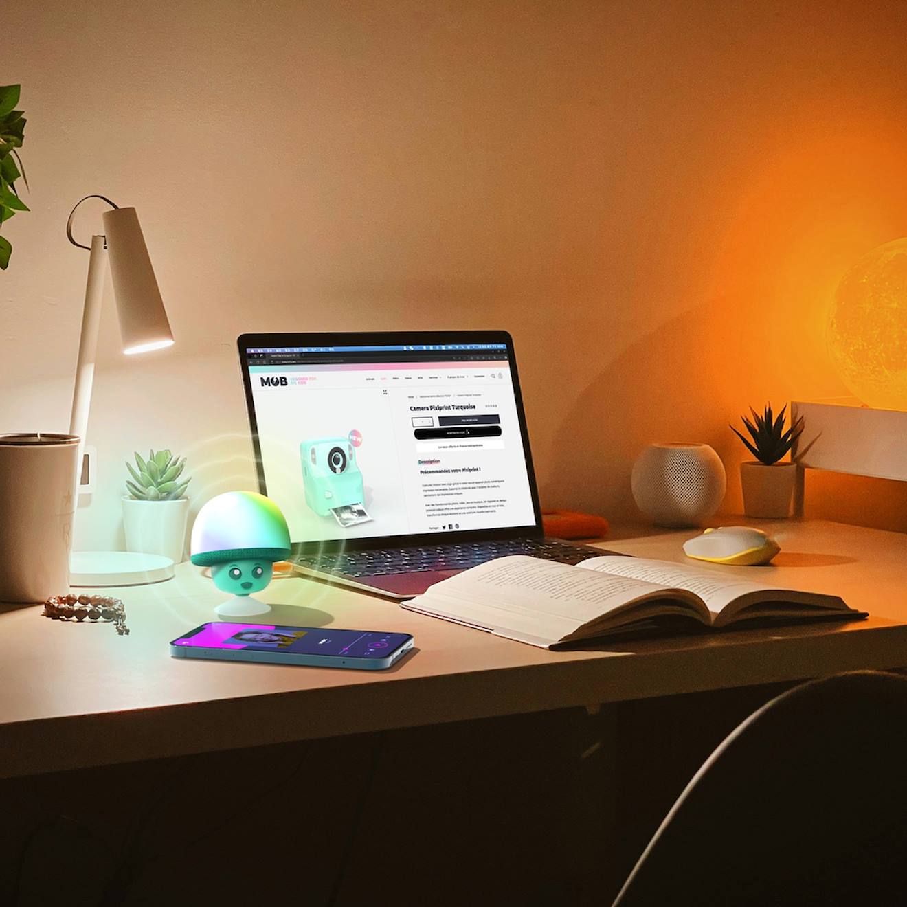 Mini enceinte champignon avec lumières LED & ventouse vert