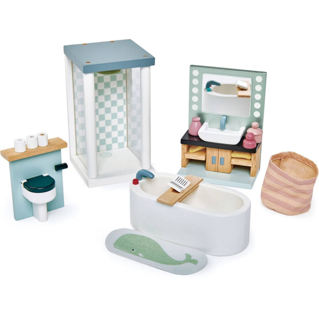 Mobilier pour poupée salle de bain en bois bleu, blanc, vert