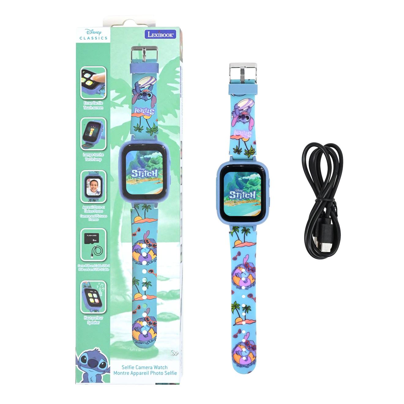 Montre appareil photo avec caméra Stitch, écran tactile HD, lecteur MP3, podomètre, 5 jeux bleu