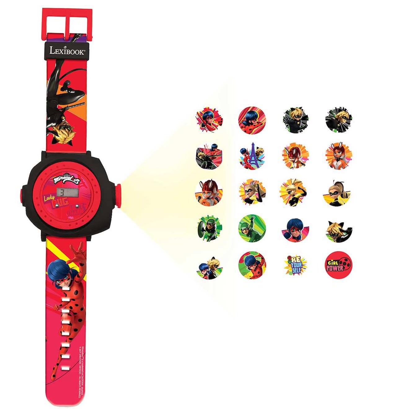Montre digitale avec projection miraculous, bracelet ajustable écran avec 20 projections rouge
