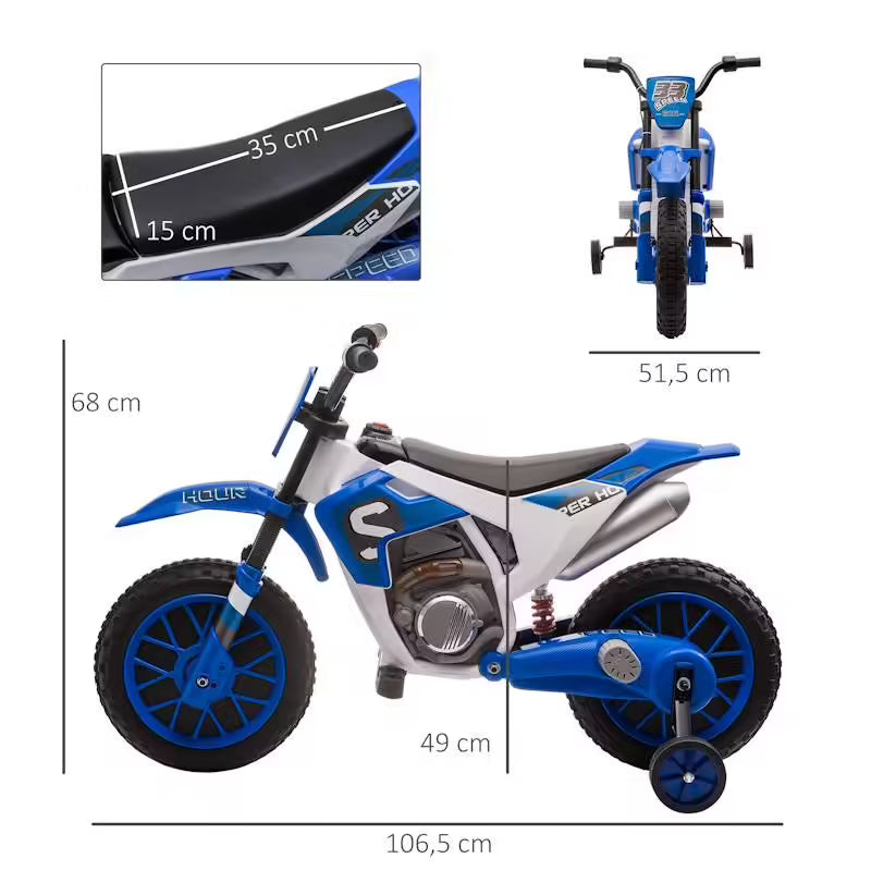 Moto cross électrique enfant 12V (3–8 km/h) avec roulettes amovibles