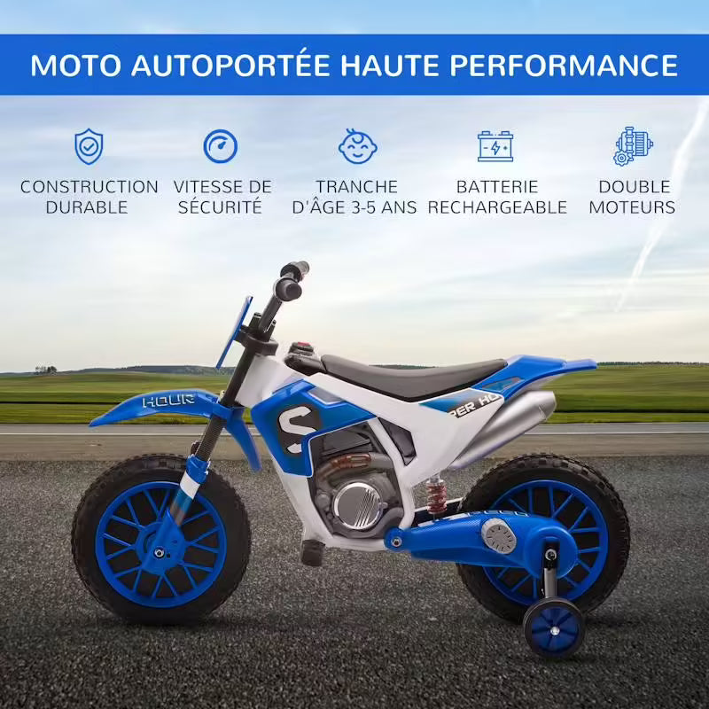 Moto cross électrique enfant 12V (3–8 km/h) avec roulettes amovibles