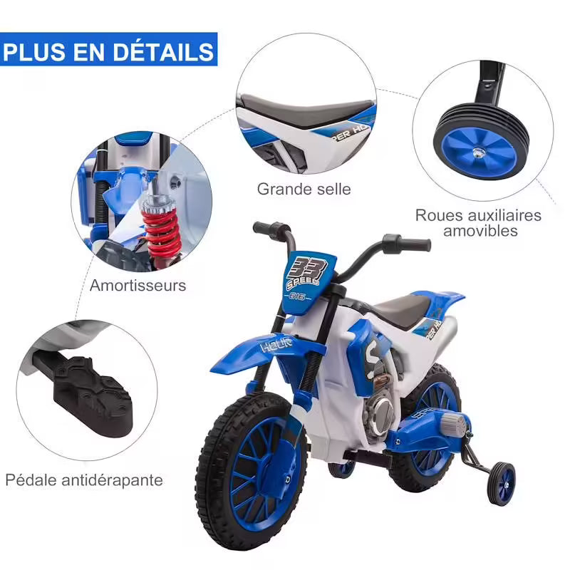 Moto cross électrique enfant 12V (3–8 km/h) avec roulettes amovibles