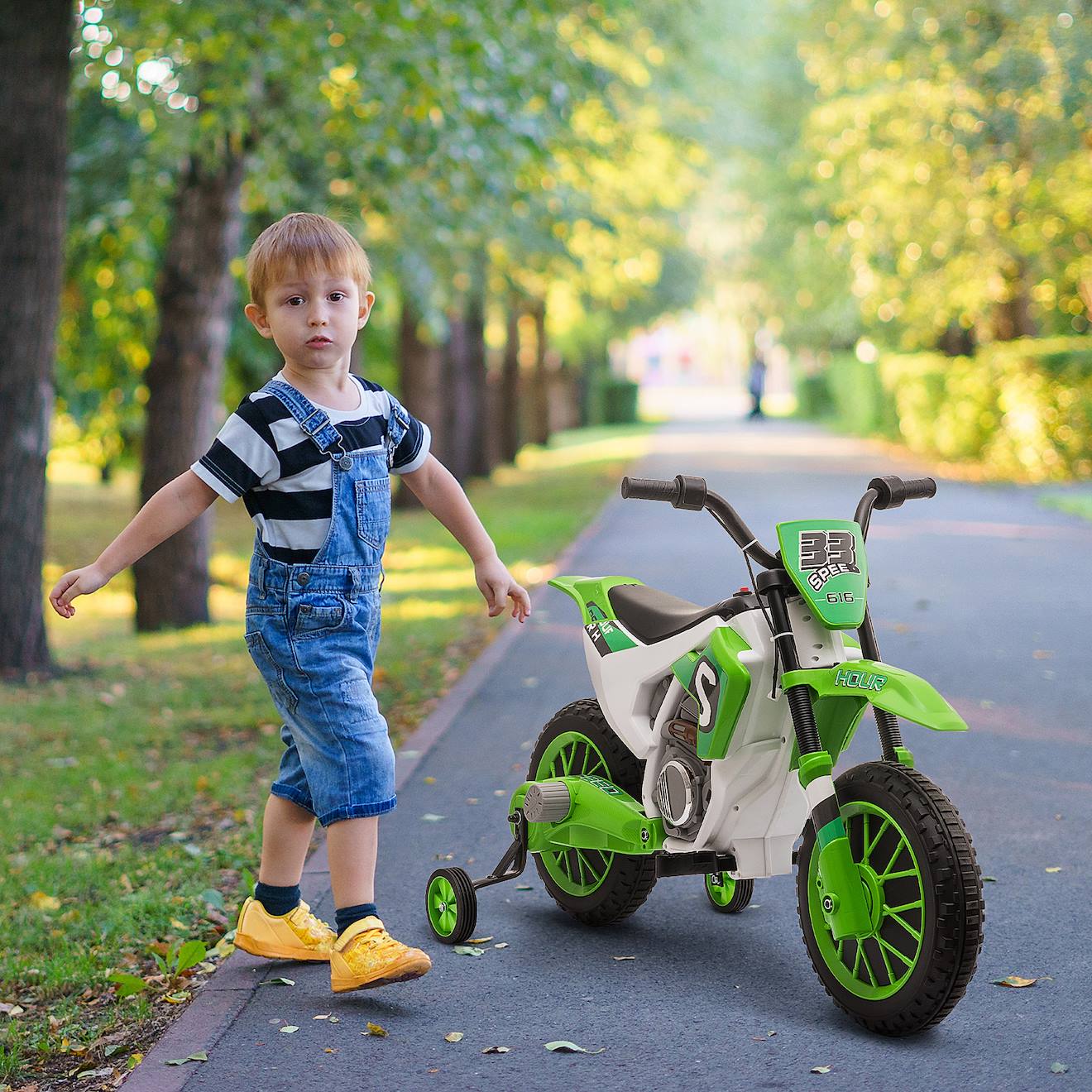 Moto cross électrique enfant 12v 3-8 km/h roulettes auxiliaires amovibles vert