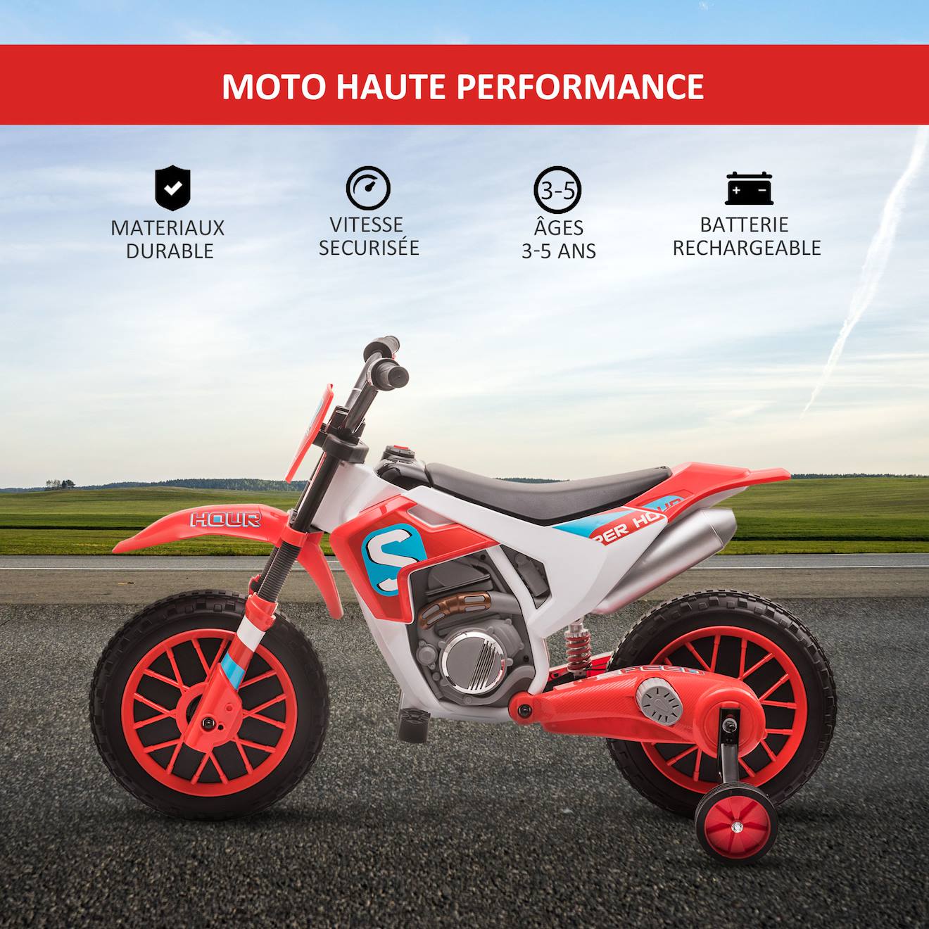 Moto cross électrique enfant 12v 3-8 km/h roulettes auxiliaires amovibles rouge