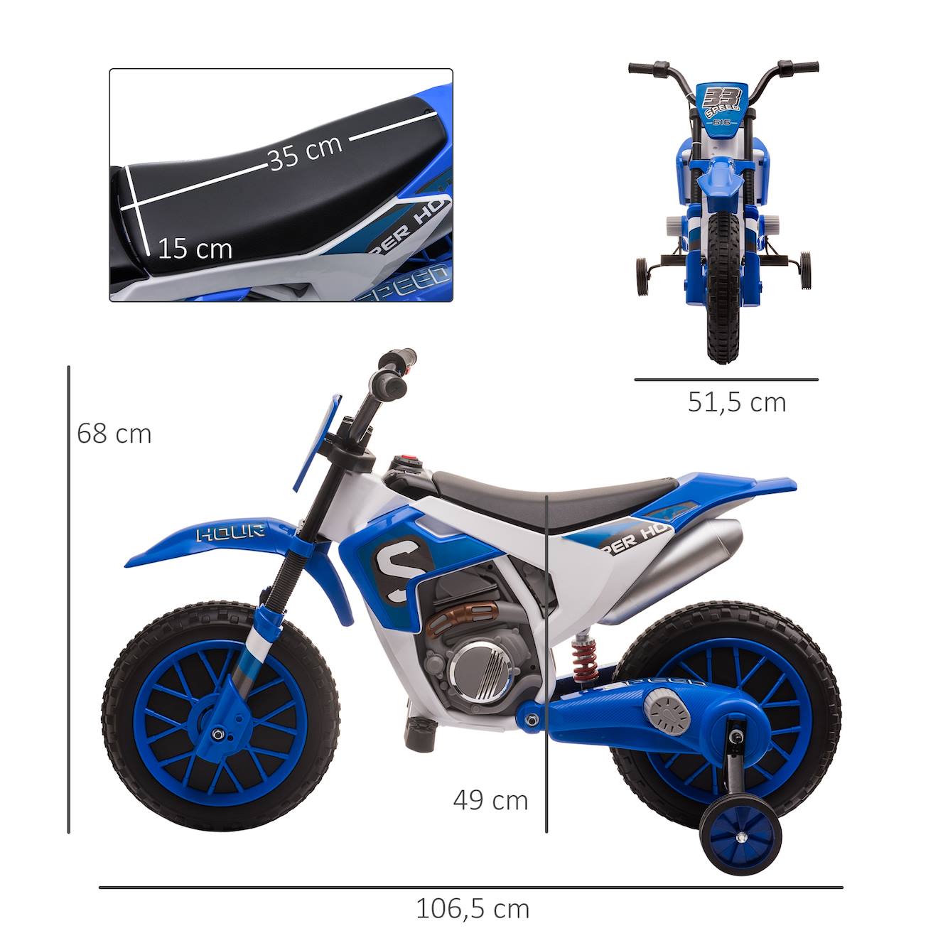 Moto cross électrique enfant 12v 3-8 km/h roulettes auxiliaires amovibles bleu