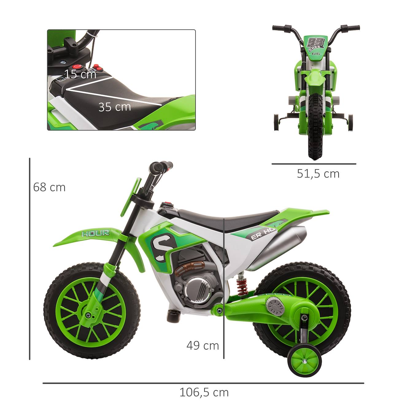 Moto cross électrique enfant 12v 3-8 km/h roulettes auxiliaires amovibles vert