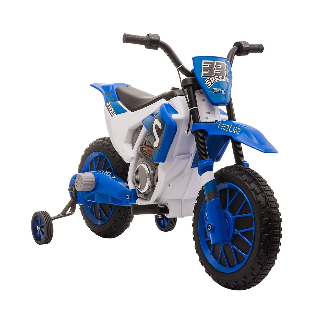 Moto cross électrique enfant 12v 3-8 km/h roulettes auxiliaires amovibles bleu