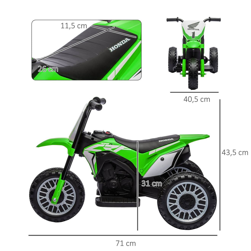 Moto cross électrique enfant 3 roues licence officielle honda crf 450 r 3 km/h max fonctions sonores vert