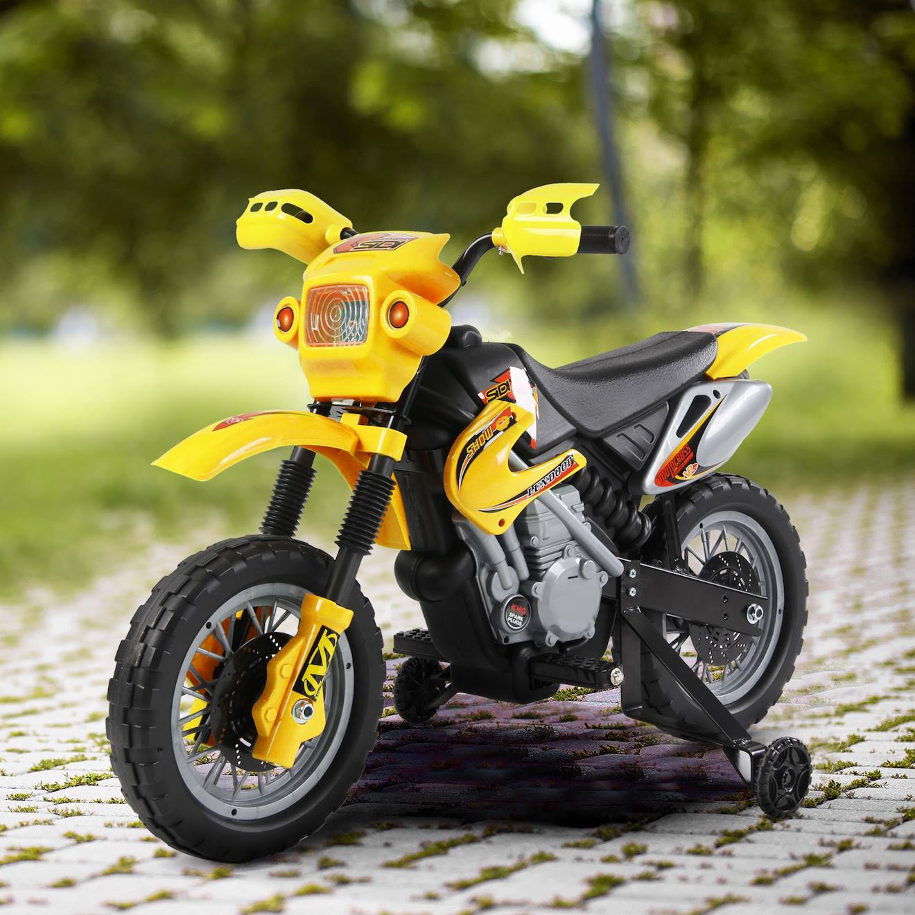 Moto cross électrique enfant 6v phares klaxon musiques roues auxiliaires amovibles jaune