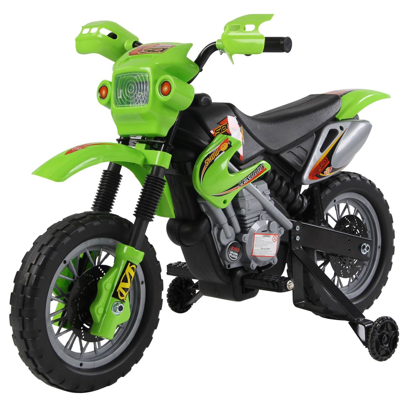 Moto cross électrique enfant 6v phares klaxon musiques roues auxiliaires amovibles vert