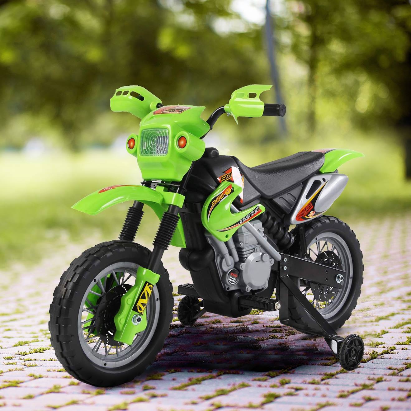 Moto cross électrique enfant 6v phares klaxon musiques roues auxiliaires amovibles vert
