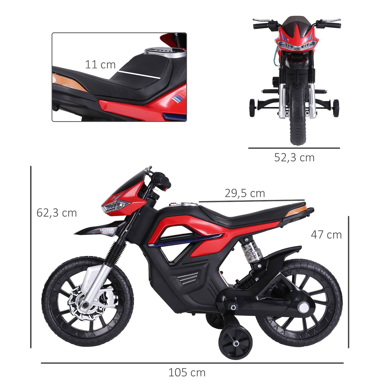 Moto électrique enfant 25w 6v 3 km/h max effets lumineux sonores roulettes amovibles rouge