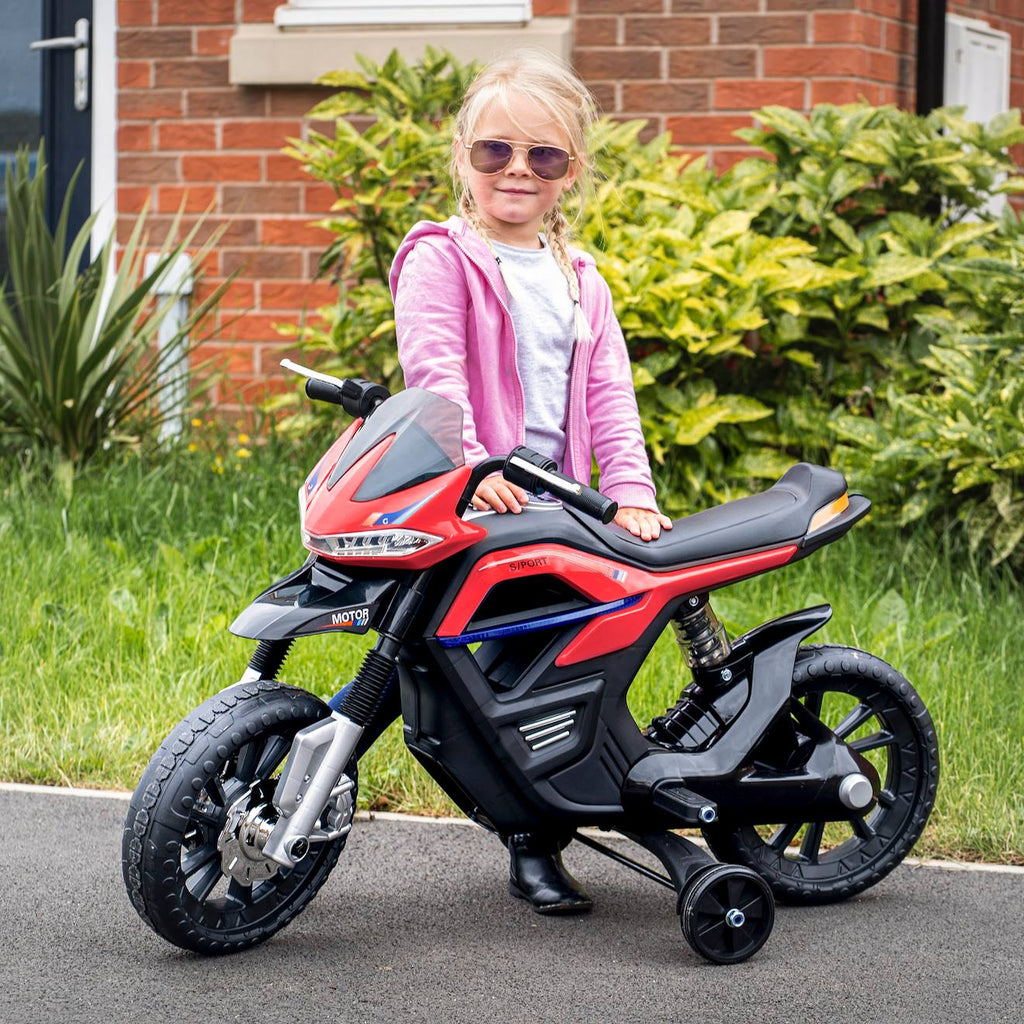 Moto électrique enfant 25w 6v 3 km/h max effets lumineux sonores roulettes amovibles rouge