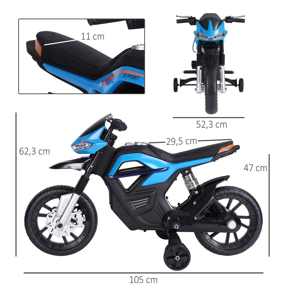 Moto électrique enfant 25w 6v 3 km/h max effets lumineux sonores roulettes amovibles bleu