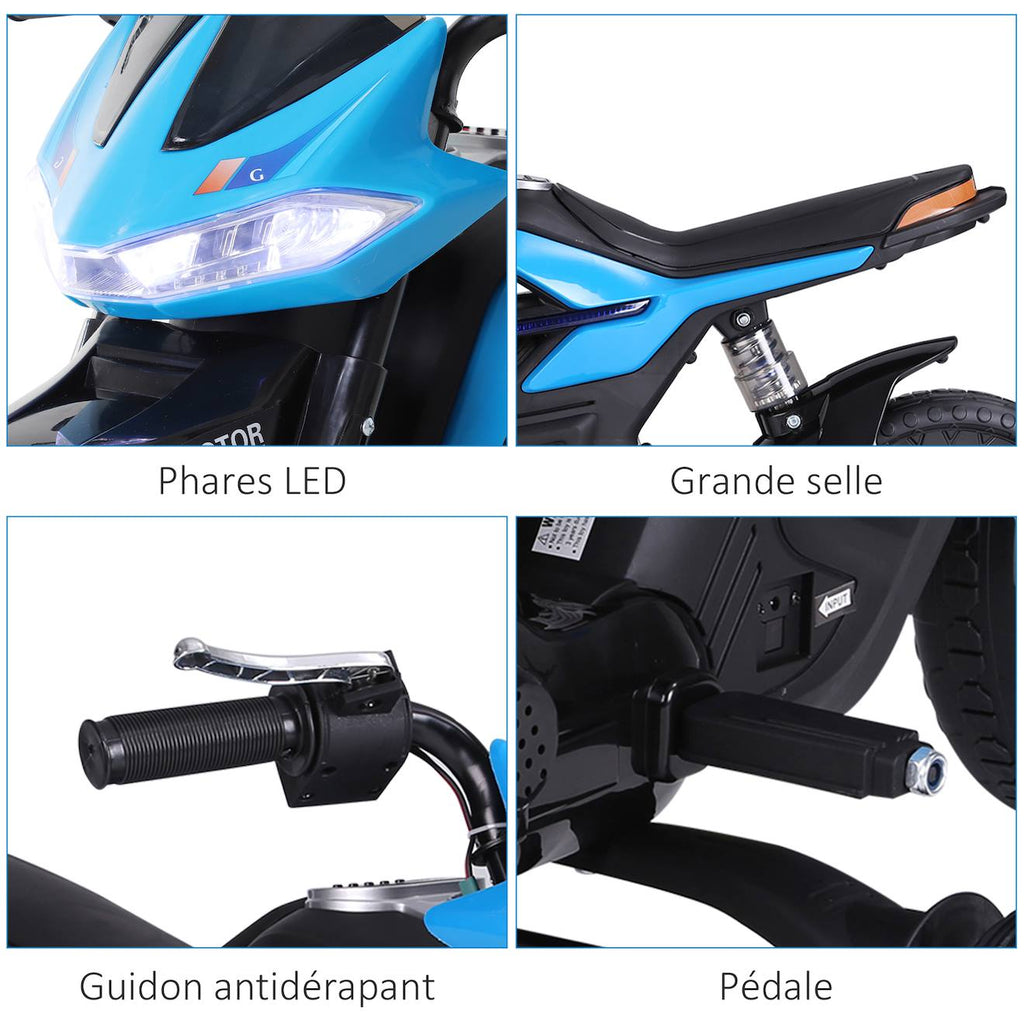 Moto électrique enfant 25w 6v 3 km/h max effets lumineux sonores roulettes amovibles bleu
