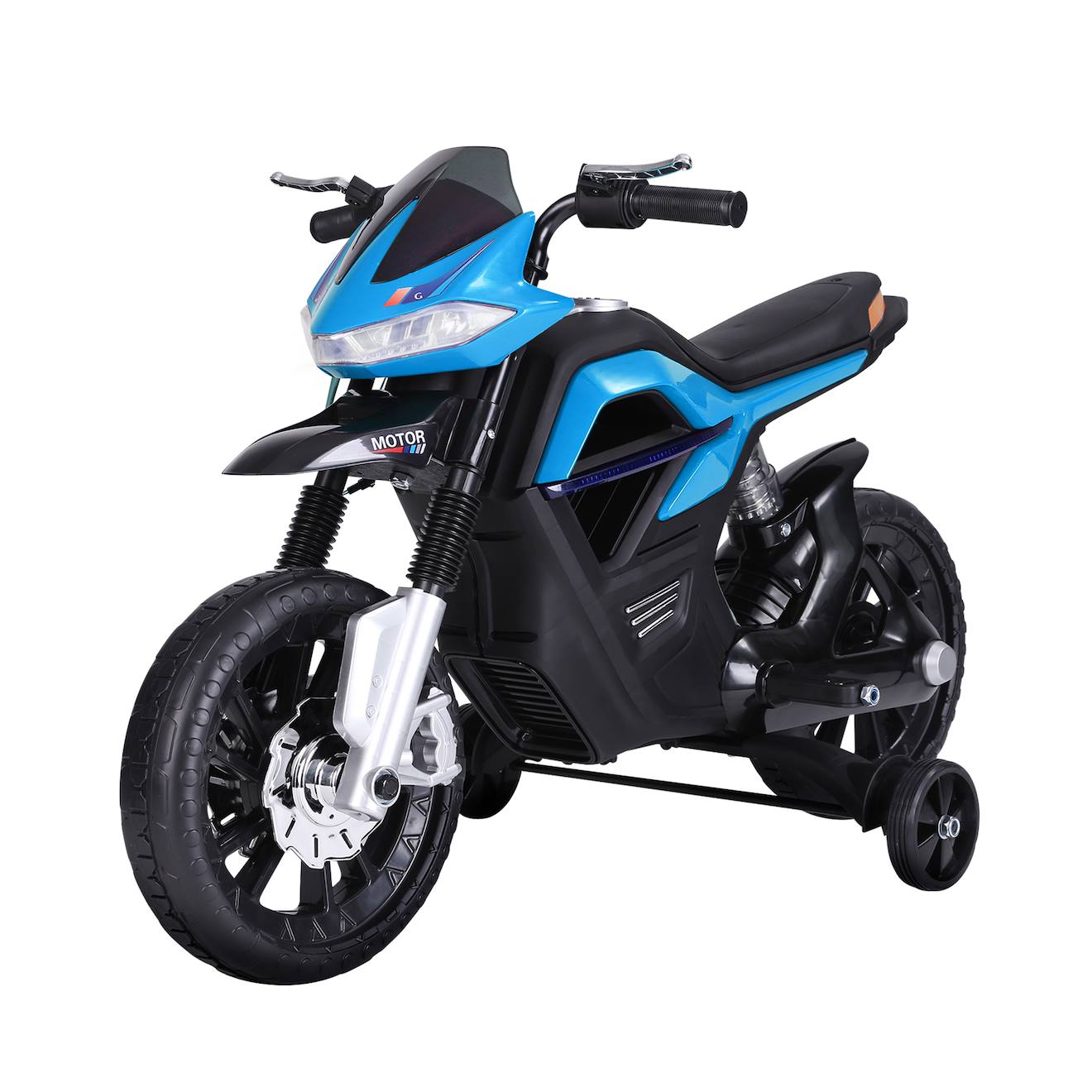 Moto électrique enfant 25w 6v 3 km/h max effets lumineux sonores roulettes amovibles bleu