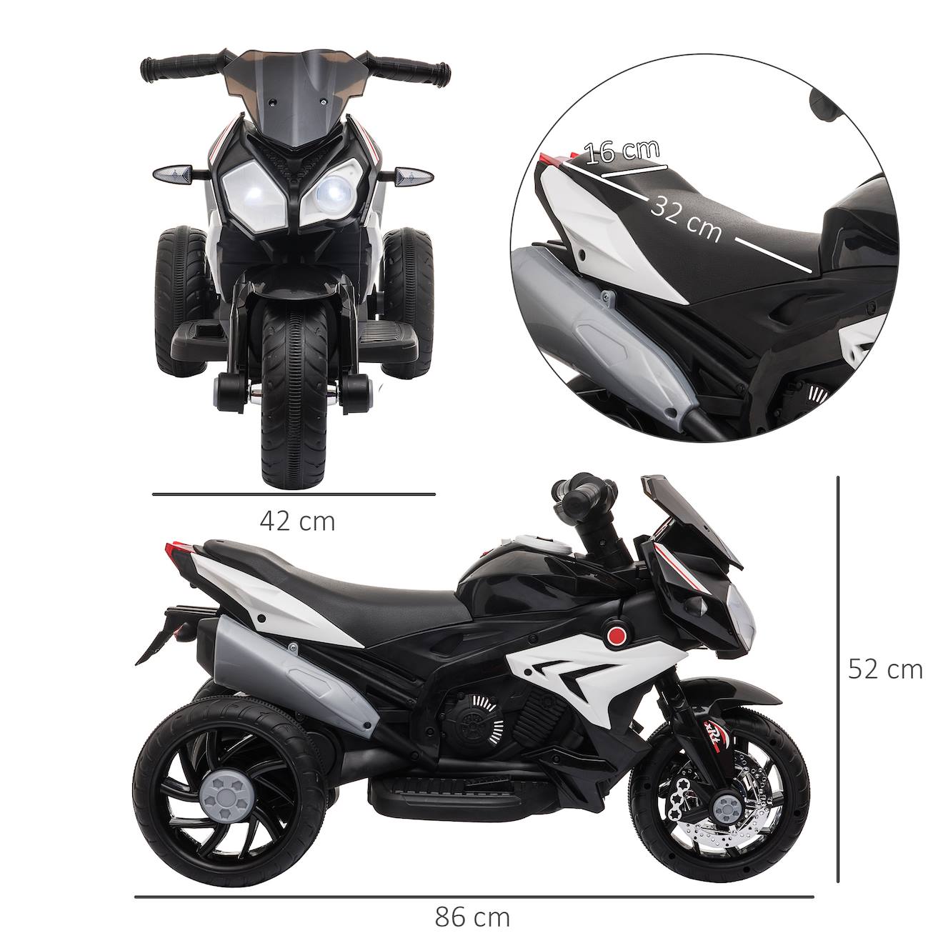 Moto électrique enfant 3 roues 6v 3km/h max effets lumineux sonores noir