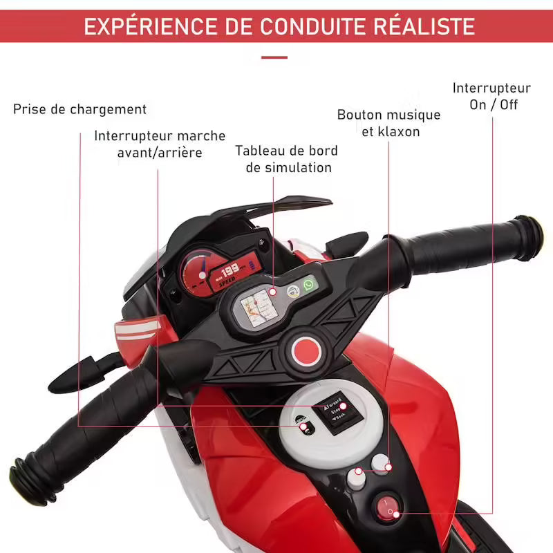 Moto électrique enfant 3 roues 6V avec effets lumineux et sonores (3 à 5 ans)