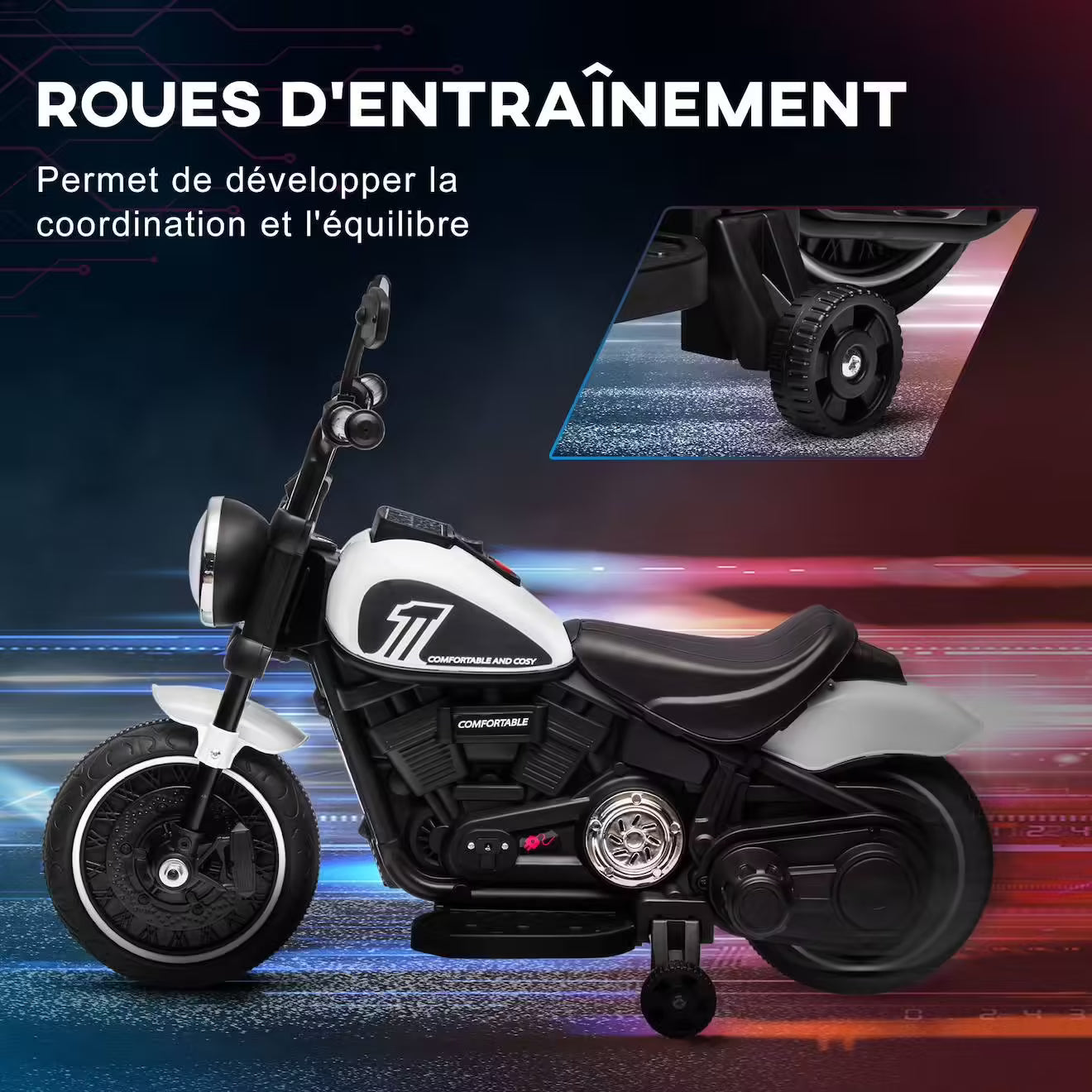 Moto électrique enfant 6V – Effets lumineux + roulettes amovibles