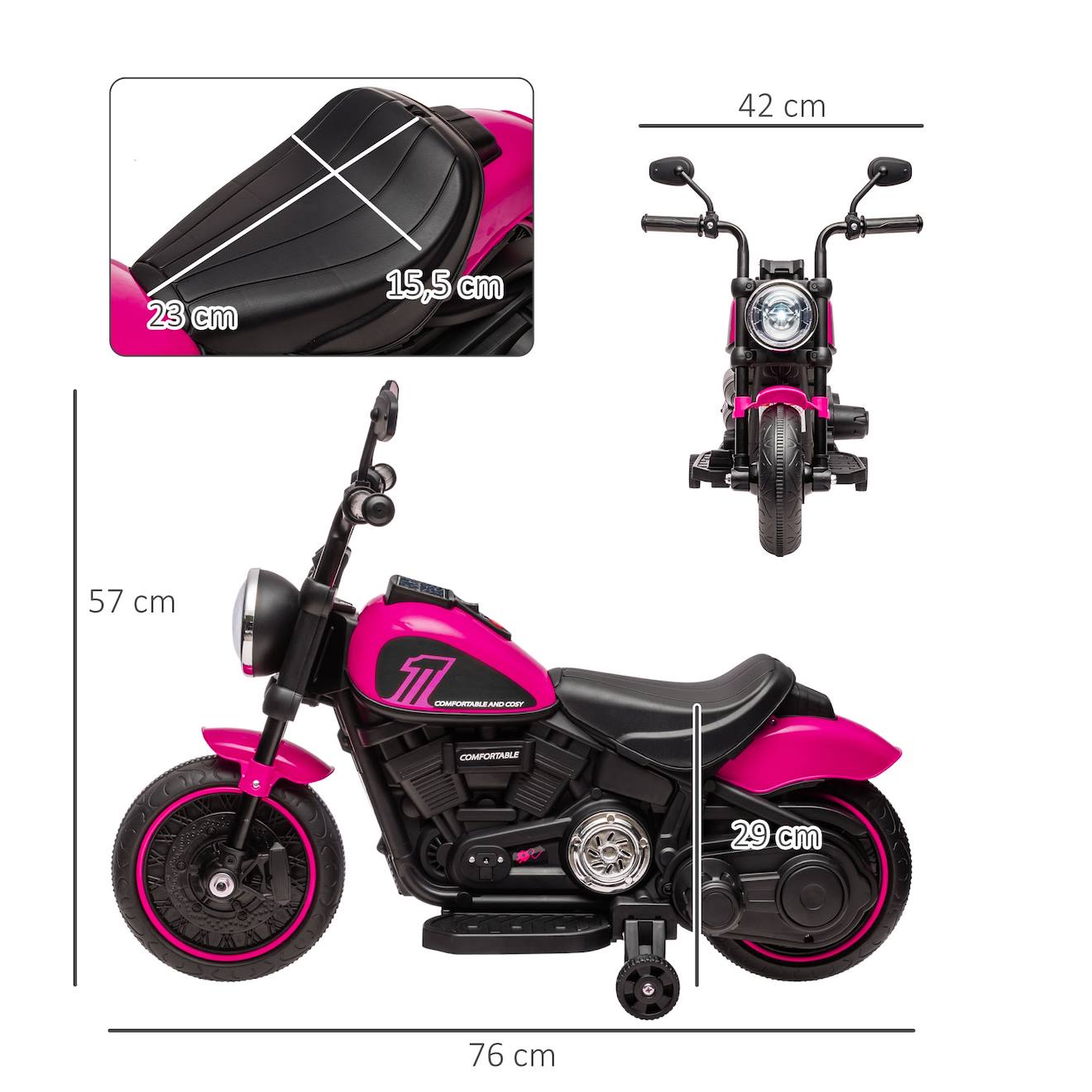 Moto électrique enfant 6 v 3 km/h effet lumineux roulettes amovibles repose-pied pédale métal pp rose noir rose