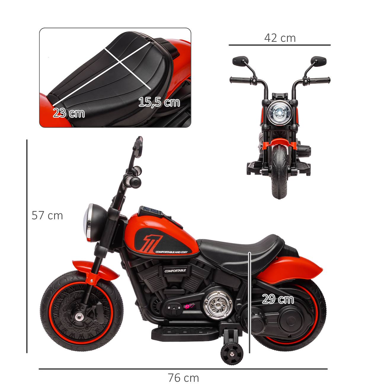 Moto électrique enfant 6 v 3 km/h effet lumineux roulettes amovibles repose-pied pédale métal pp rose noir rouge