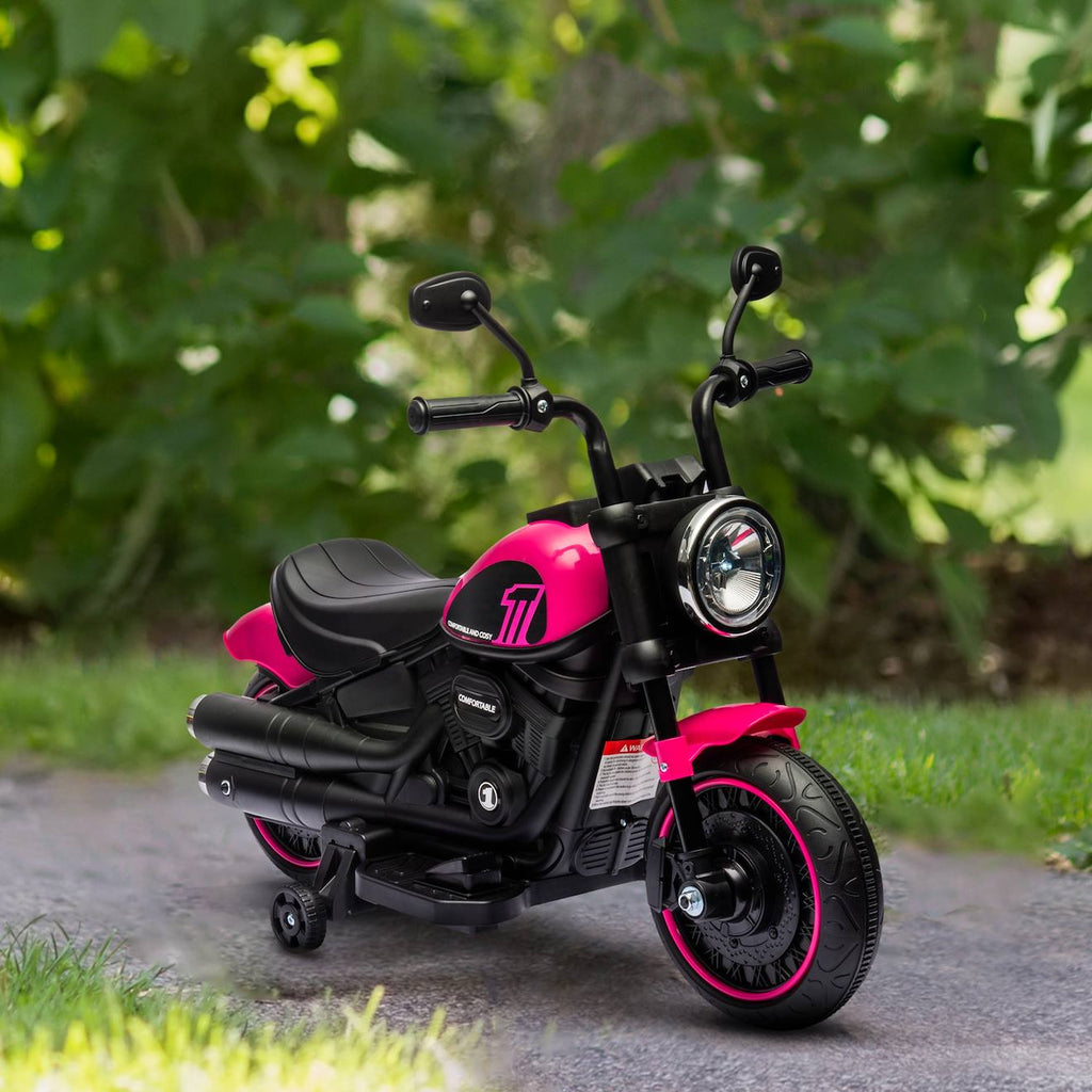Moto électrique enfant 6 v 3 km/h effet lumineux roulettes amovibles repose-pied pédale métal pp rose noir rose