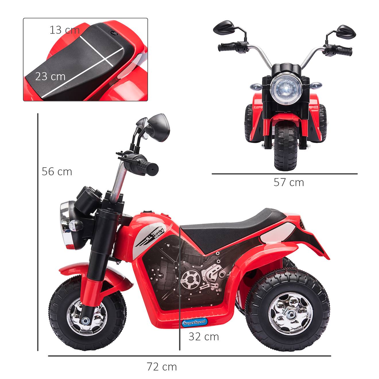 Moto électrique enfant chopper tout-terrain 6v 20w marché av ar 3 roues effets lumineux sonores rouge