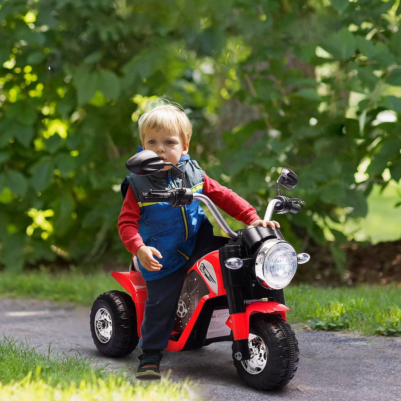 Moto électrique enfant chopper tout-terrain 6v 20w marché av ar 3 roues effets lumineux sonores rouge
