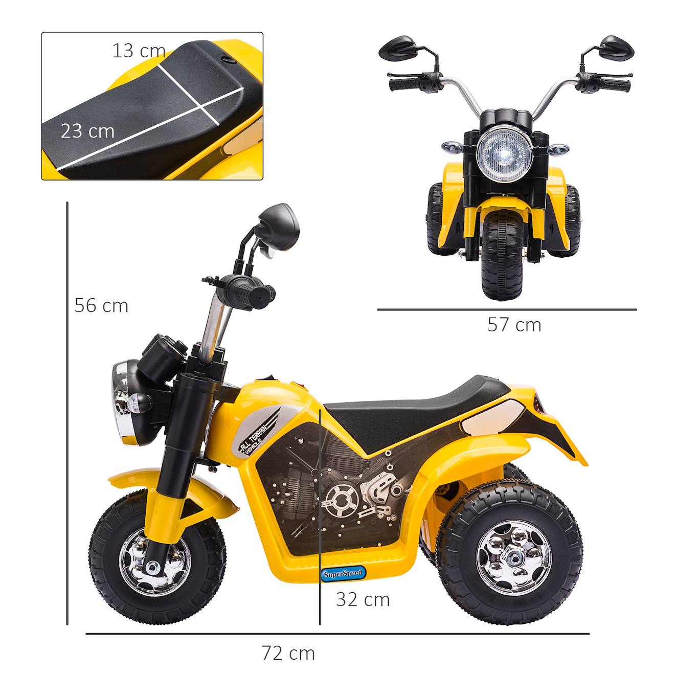 Moto électrique enfant chopper tout-terrain 6v 20w marché av ar 3 roues effets lumineux sonores jaune
