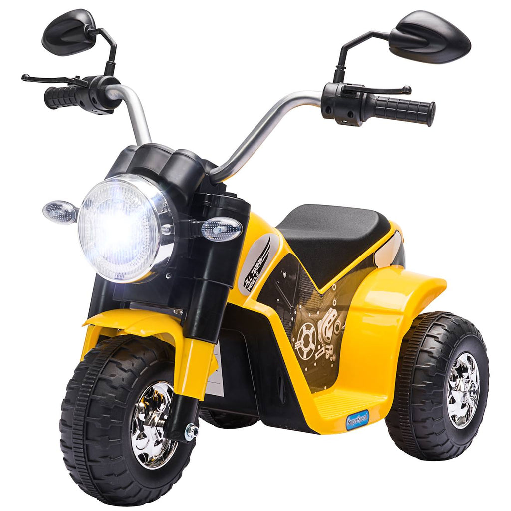 Moto électrique enfant chopper tout-terrain 6v 20w marché av ar 3 roues effets lumineux sonores jaune