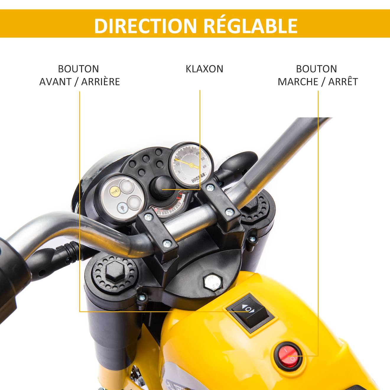 Moto électrique enfant chopper tout-terrain 6v 20w marché av ar 3 roues effets lumineux sonores jaune
