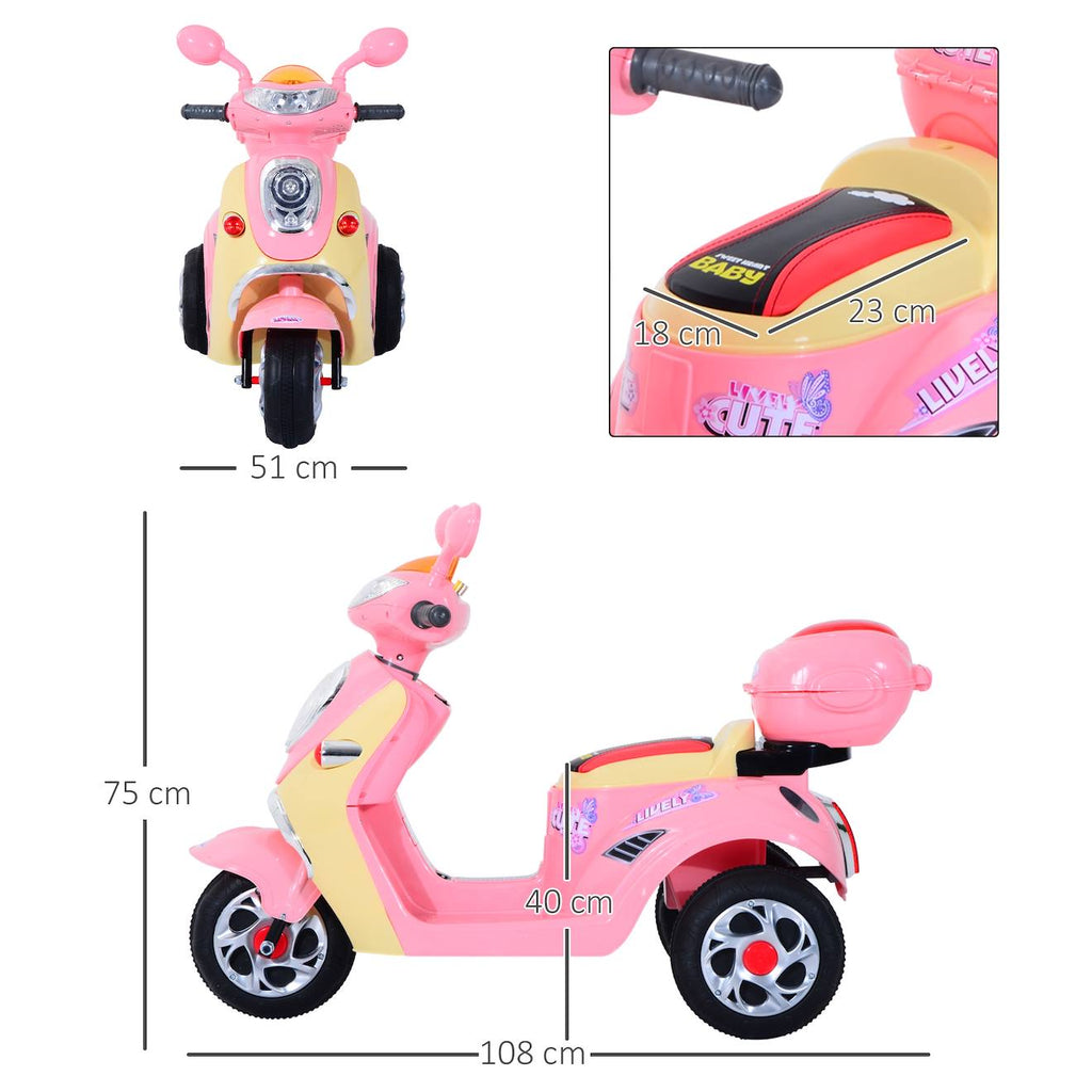 Moto scooter électrique pour enfants 6 v env 3 km/h 3 roues et topcase effet lumineux et sonore rose