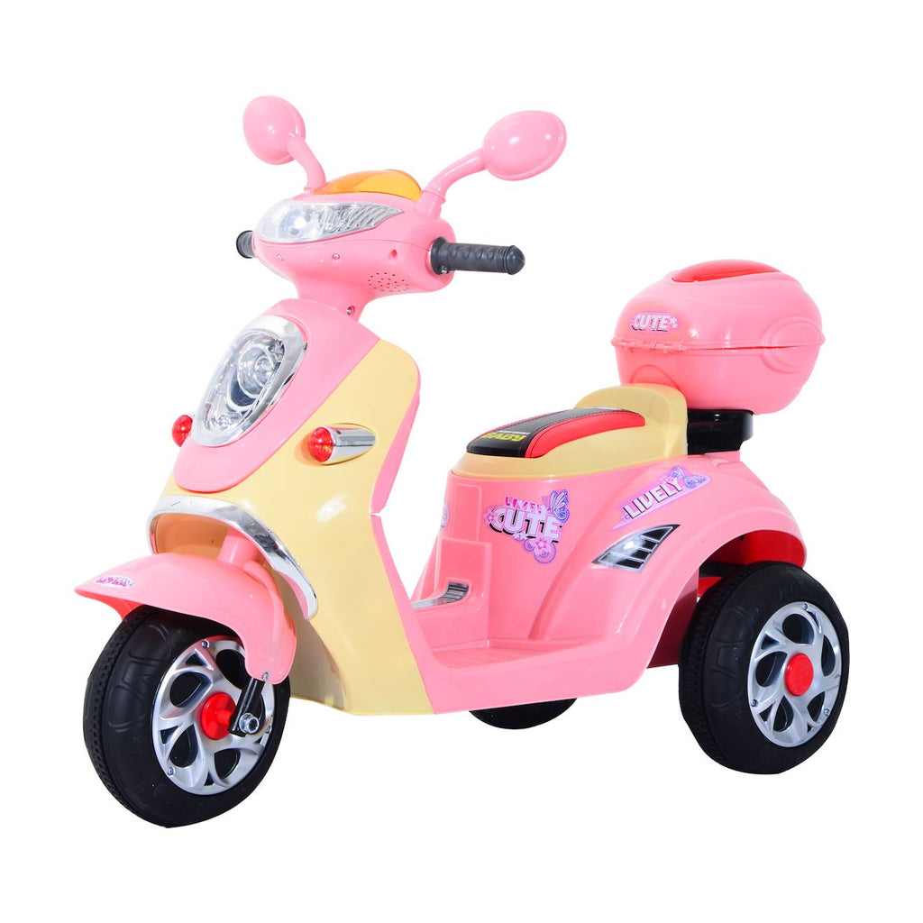 Moto scooter électrique pour enfants 6 v env 3 km/h 3 roues et topcase effet lumineux et sonore rose