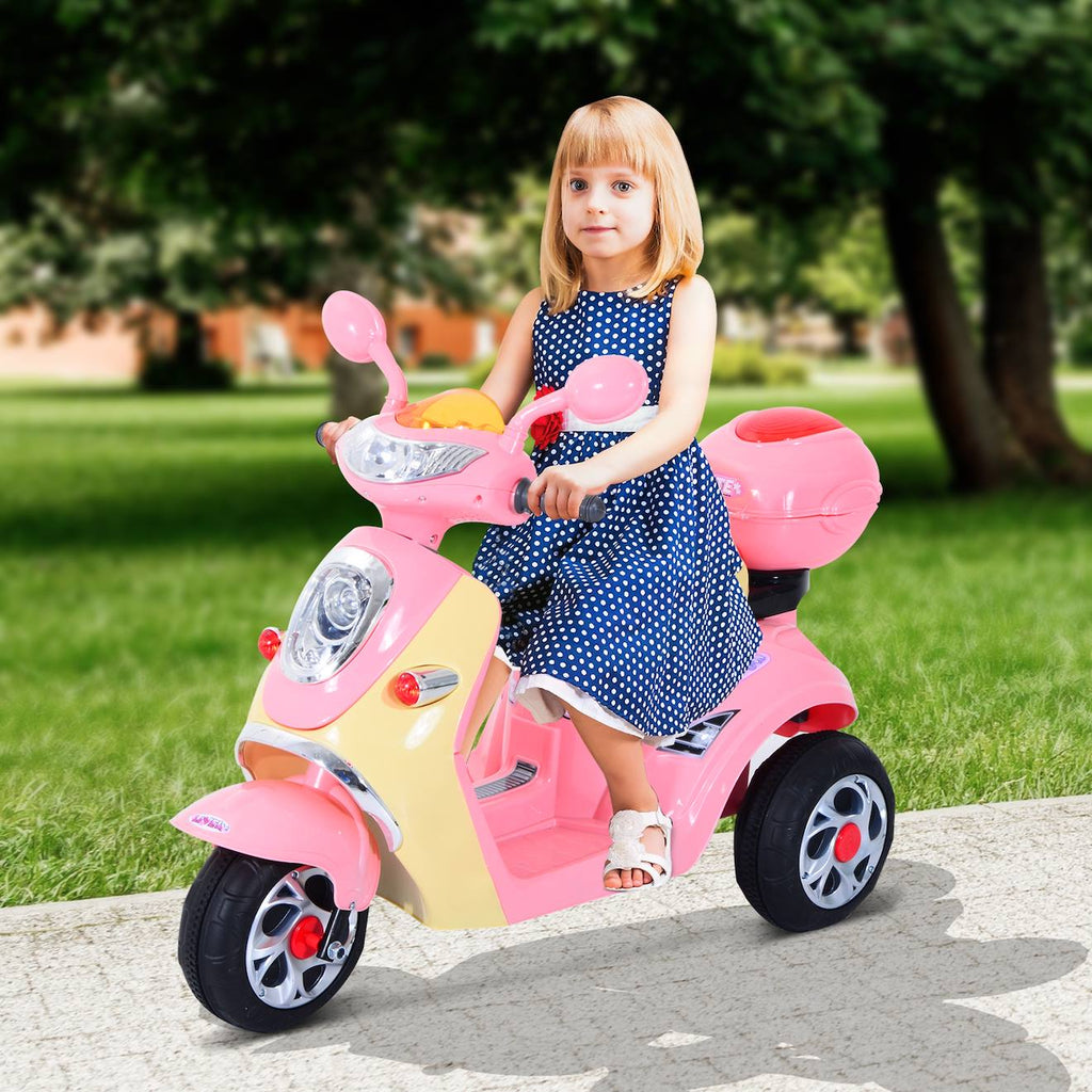 Moto scooter électrique pour enfants 6 v env 3 km/h 3 roues et topcase effet lumineux et sonore rose