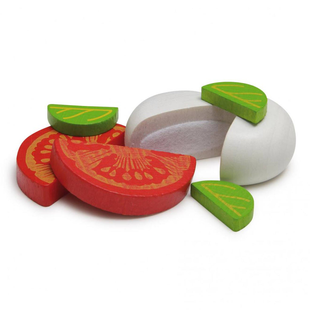Mozzarella et tomates en bois rouge
