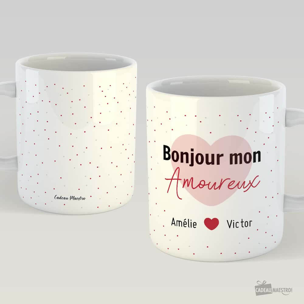 Mug Bonjour Mon Amour à Personnaliser - Texte + 2 Prénoms Blanc - Mug Personnalisé