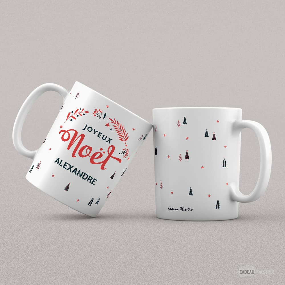 Mug Joyeux Noël à Personnaliser - Sapins et Ruban Blanc - Mug Personnalisé