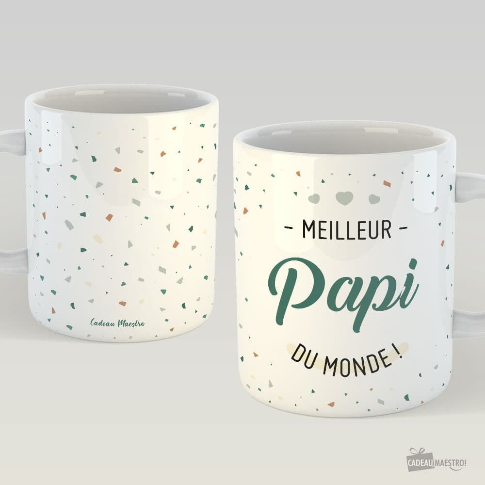 Mug "Meilleur Papi du monde" à Personnaliser - Design Terrazzo Coeurs Gris Blanc - Mug Personnalisé