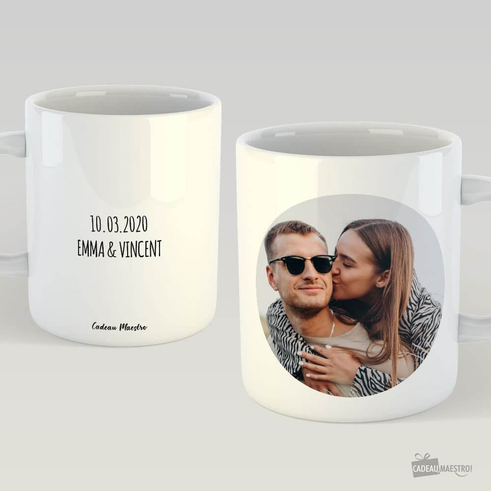 Mug Photo Couple à Personnaliser - Photo Ronde + Texte Blanc - Mug Personnalisé
