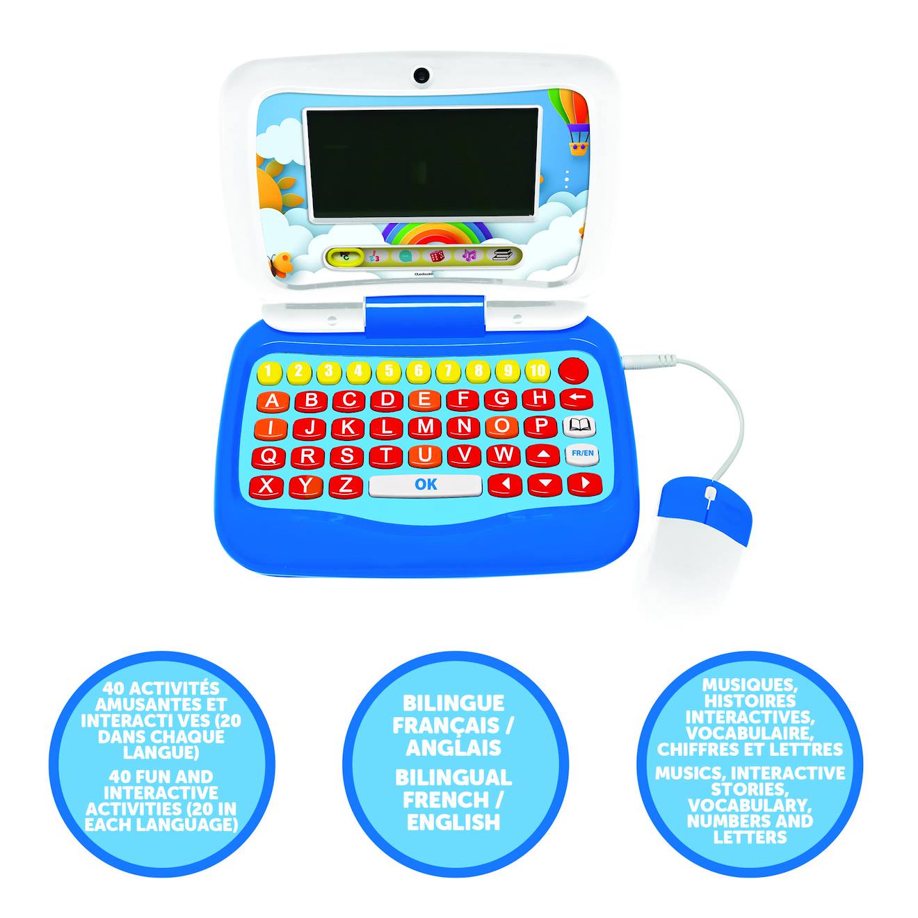 Ordinateur portable éducatif parlant bilingue (EN/FR) 40 activités en français et en anglais multicolore