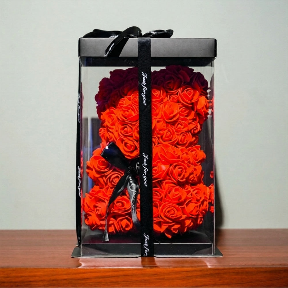 Ourson en Roses Artificielles en Coffret - Objet Déco Original